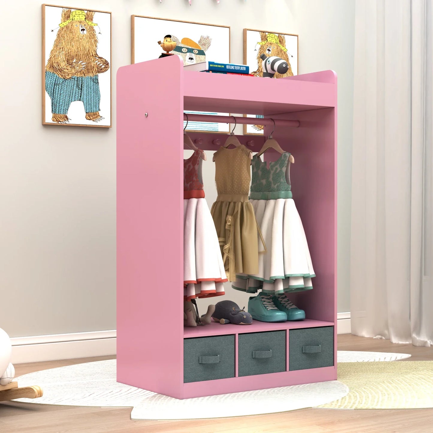 Functional dress-up closet for kids, featuring a mirror, hanging space, and toy storage
