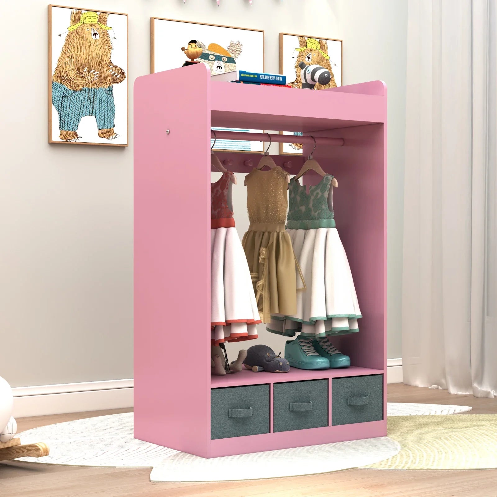 Functional dress-up closet for kids, featuring a mirror, hanging space, and toy storage