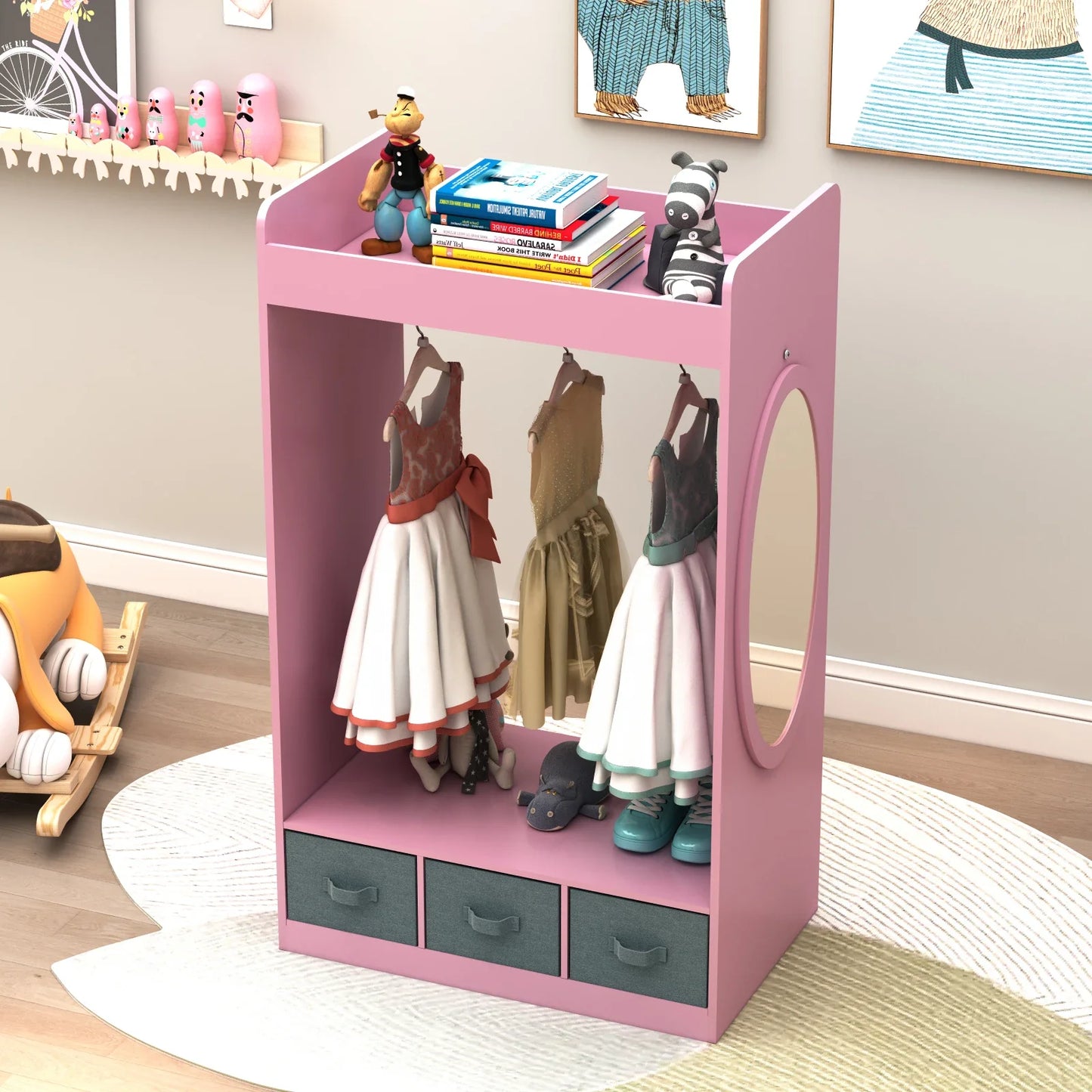 Playful dress-up organizer with mirror, ample storage, and hooks for children's costumes