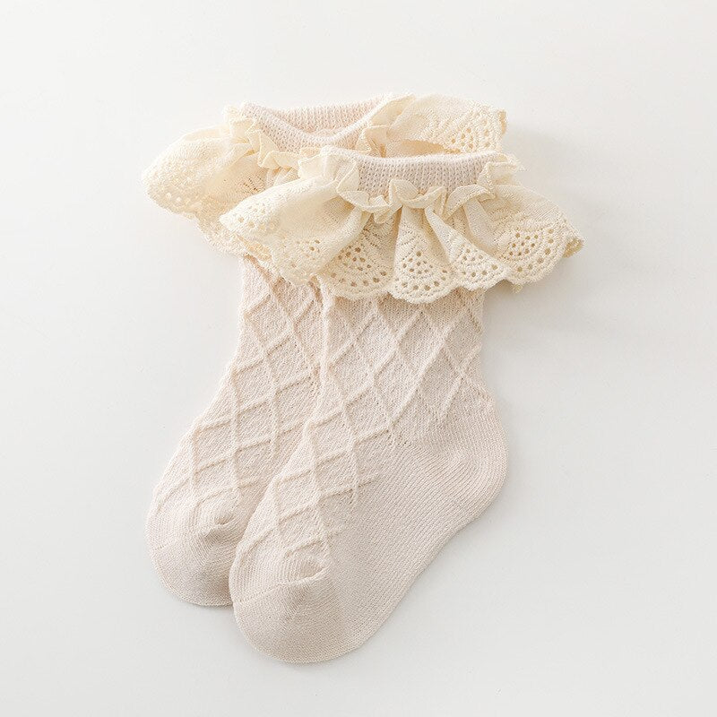 Girls tube socks, delicate lace flower detail, soft comfortable ribbed cotton