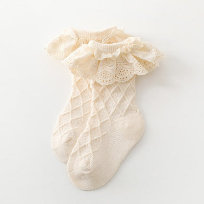 Comfortable cotton ribbed tube socks for girls with beautiful lace flower accents