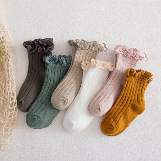 White lace frilly ankle socks for girls, soft cotton, delicate ruffle trim, perfect for toddlers