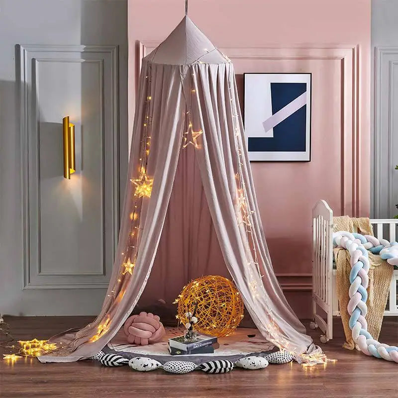 White mosquito net bed canopy, soft polyester cotton, for a luxurious kids room.