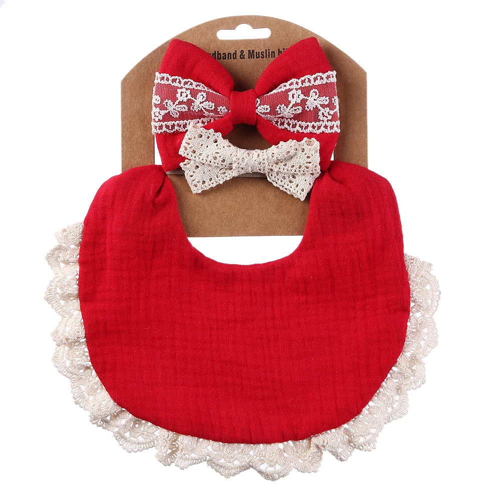 Newborn gift set: soft white cotton baby bib and elegant lace headband, great for everyday wear and special occasions.
