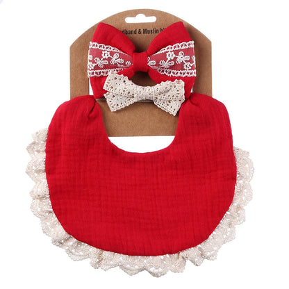 Newborn gift set: soft white cotton baby bib and elegant lace headband, great for everyday wear and special occasions.
