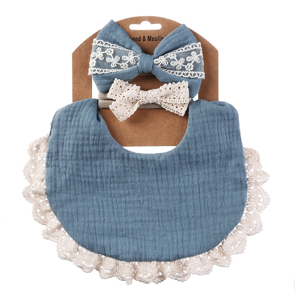 Adorable baby dribble bib made from muslin cotton with a beautiful floral lace headband for infants.