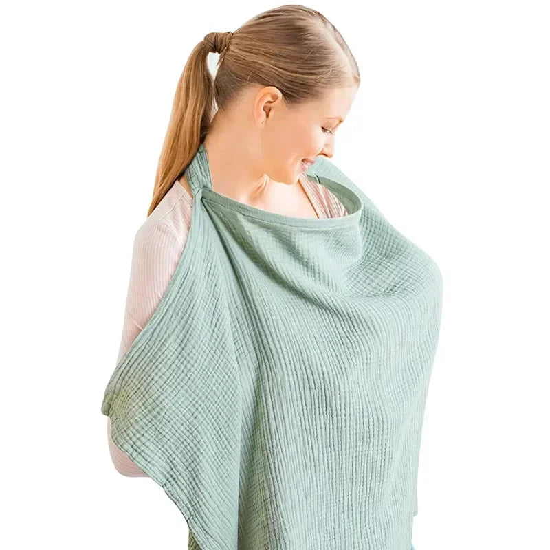 White muslin nursing cover apron, breathable cotton for privacy breastfeeding, adjustable strap