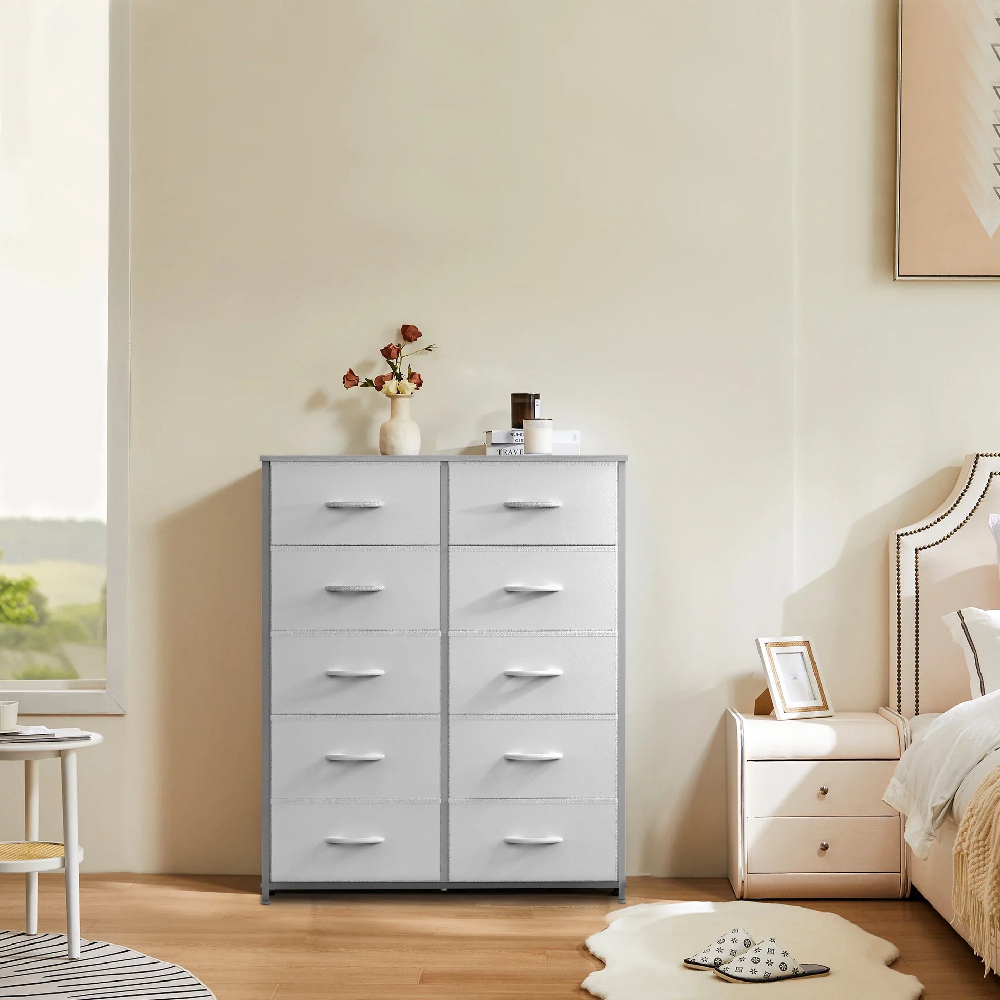 Kids bedroom cabinet: white storage unit with multiple fabric drawers for toy organizer.