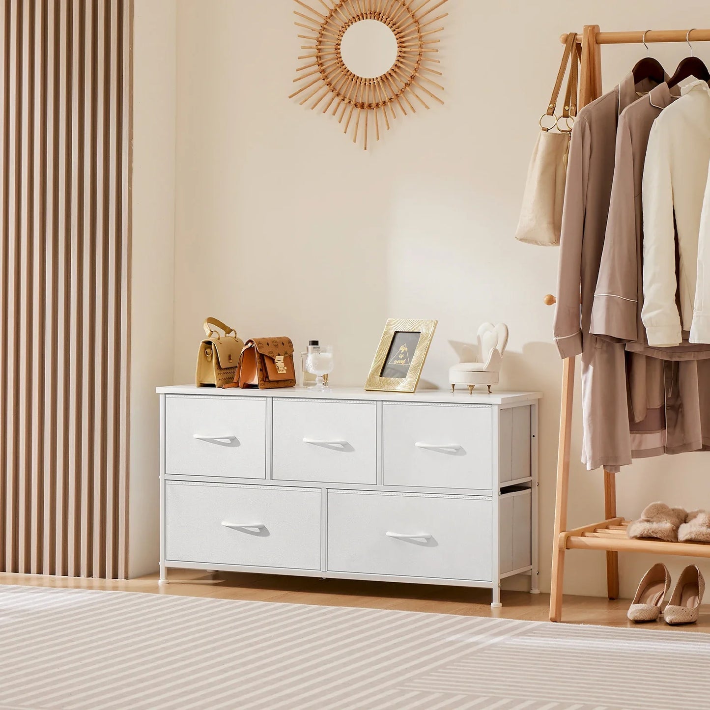 Children's wardrobe with soft-edge fabric drawers, ideal for nursery storage, 3-tier design.
