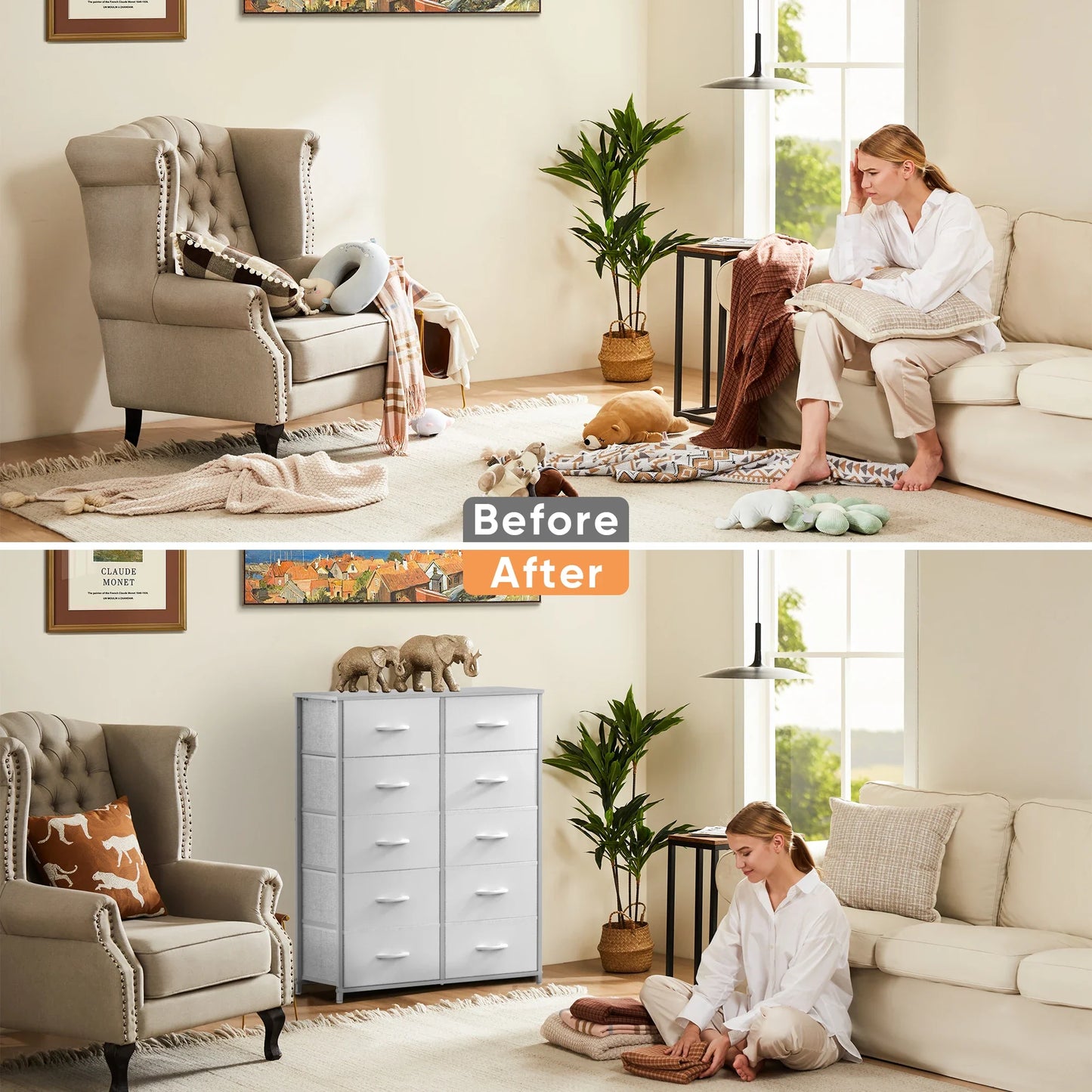 Baby furniture: white storage dresser with six fabric drawers, safe and soft for kids' rooms.