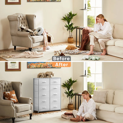 Baby furniture: white storage dresser with six fabric drawers, safe and soft for kids' rooms.