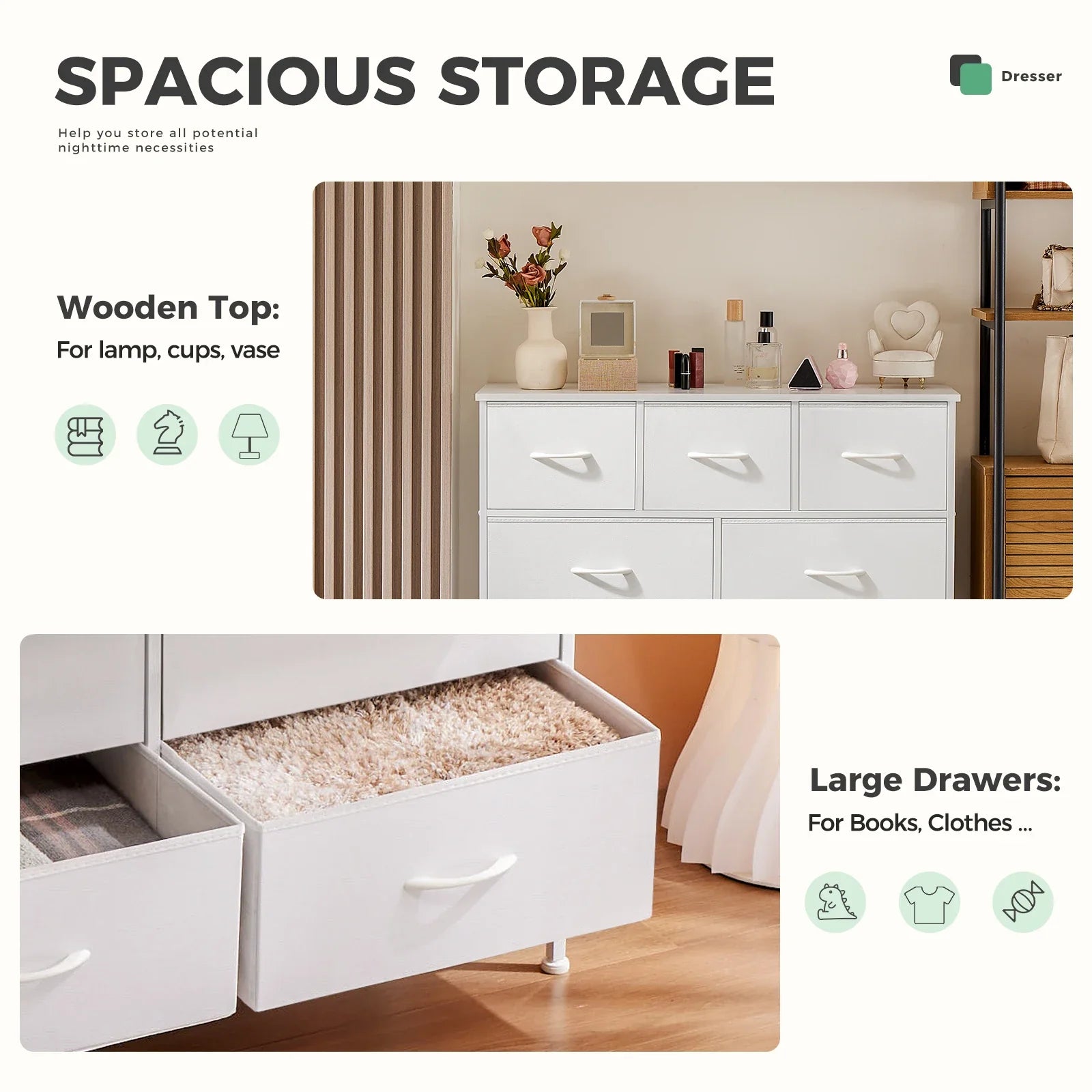 Toy organizer storage unit: white frame dresser with vibrant fabric drawers for children's toys.