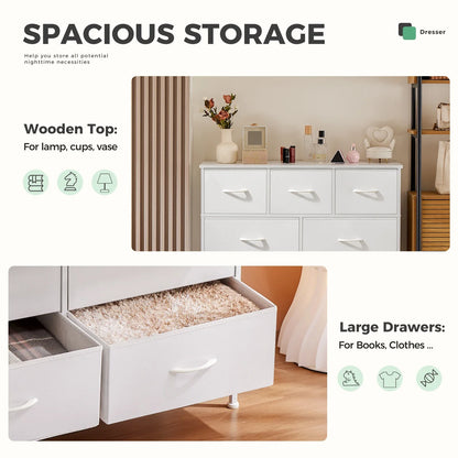 Toy organizer storage unit: white frame dresser with vibrant fabric drawers for children's toys.