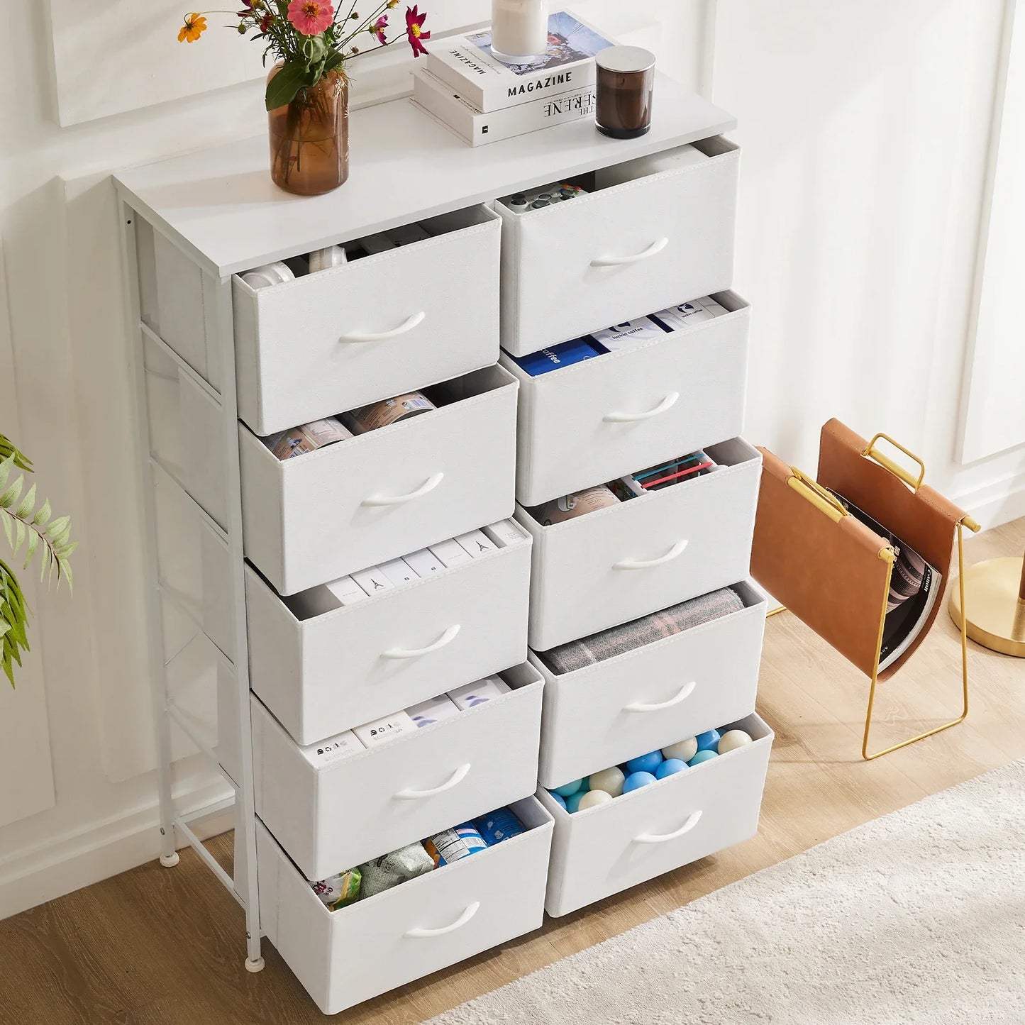 Fabric drawer kids dresser in white, providing ample storage for clothes and baby items.