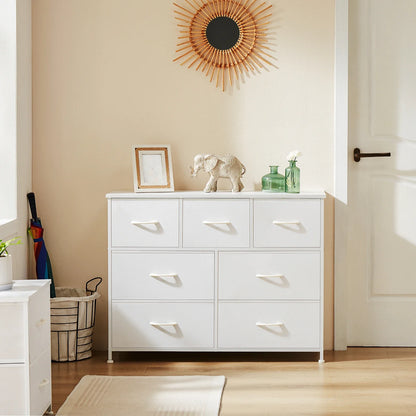 Modern white children's storage cabinet with multi-colored fabric drawers, nursery furniture.