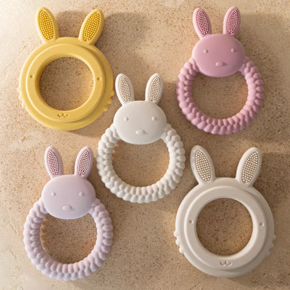 White silicone rabbit teether, soft baby relief for soothing gums, BPA-free infant care
