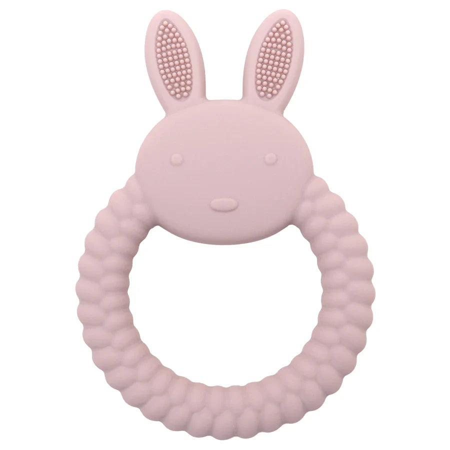 Yellow silicone rabbit teether, soft and flexible for baby's sensitive gums, teething toy