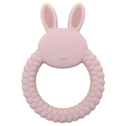 Yellow silicone rabbit teether, soft and flexible for baby's sensitive gums, teething toy