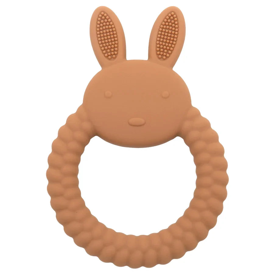 Two silicone rabbit teethers, pink and blue, perfect baby gifts for twins' teething relief