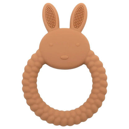 Two silicone rabbit teethers, pink and blue, perfect baby gifts for twins' teething relief