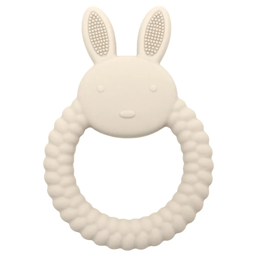 Soft silicone rabbit teether with easy-to-grip handle, promoting infant oral motor skills