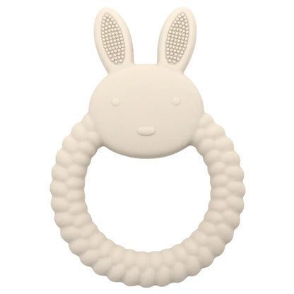 Soft silicone rabbit teether with easy-to-grip handle, promoting infant oral motor skills
