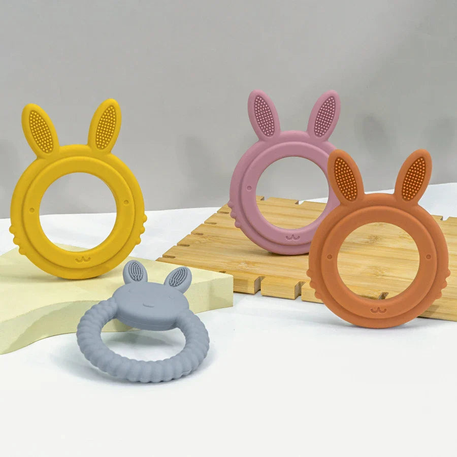 Close-up of baby rabbit silicone teether, soft and chewable for infant oral development