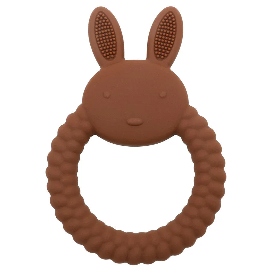 Various colored silicone rabbit teethers displayed, infant care baby gifts for teething relief