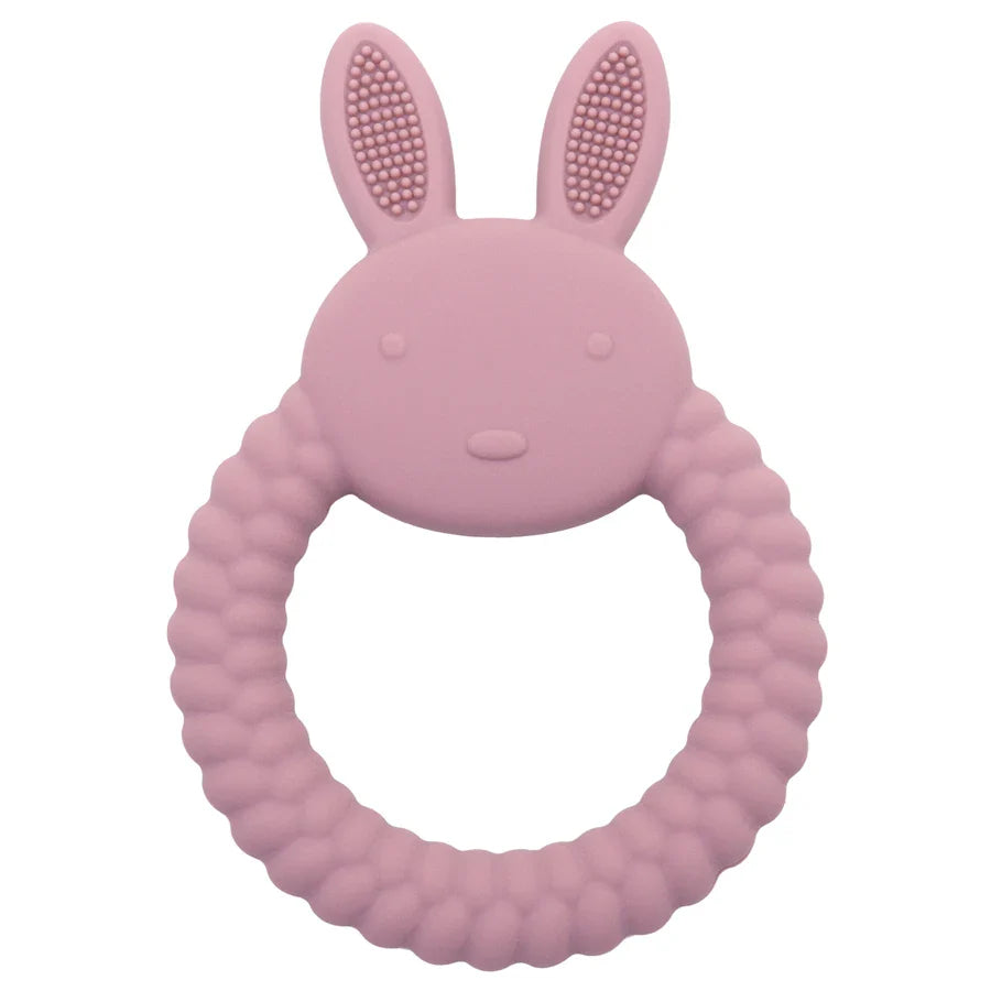 Ergonomic rabbit silicone teether designed for small hands, promotes baby oral development
