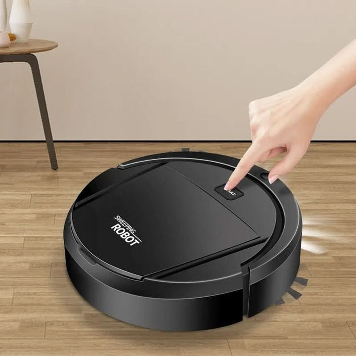 Black automated smart robot vacuum with one-button control, ideal for pet hair removal and allergy-friendly cleaning.