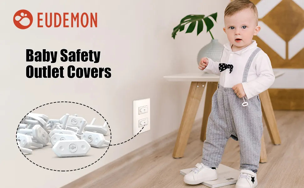 Close-up of a child-resistant universal safety outlet plug cover, ensuring baby home safety.