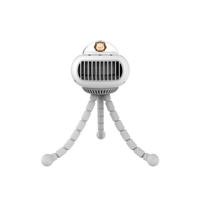 Kids finger-safe portable fan for stroller in white, essential baby cooling accessory for summer, USB rechargeable.