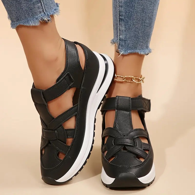 Stylish women's open-toe flatform sport sandals with cut-out design and practical velcro strap.