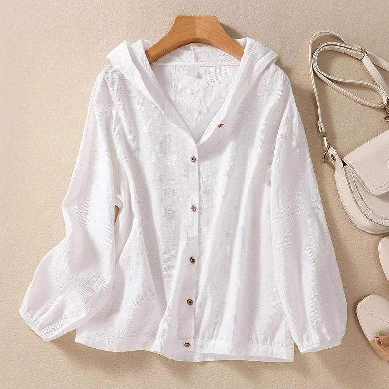 White women's relaxed fit hooded shirt, perfect for casual layering & comfortable everyday style.