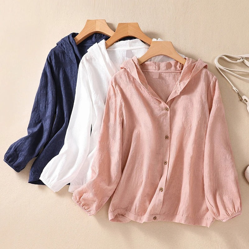 Versatile women's relaxed fit hooded shirt in white, perfect for everyday comfort and casual wear.