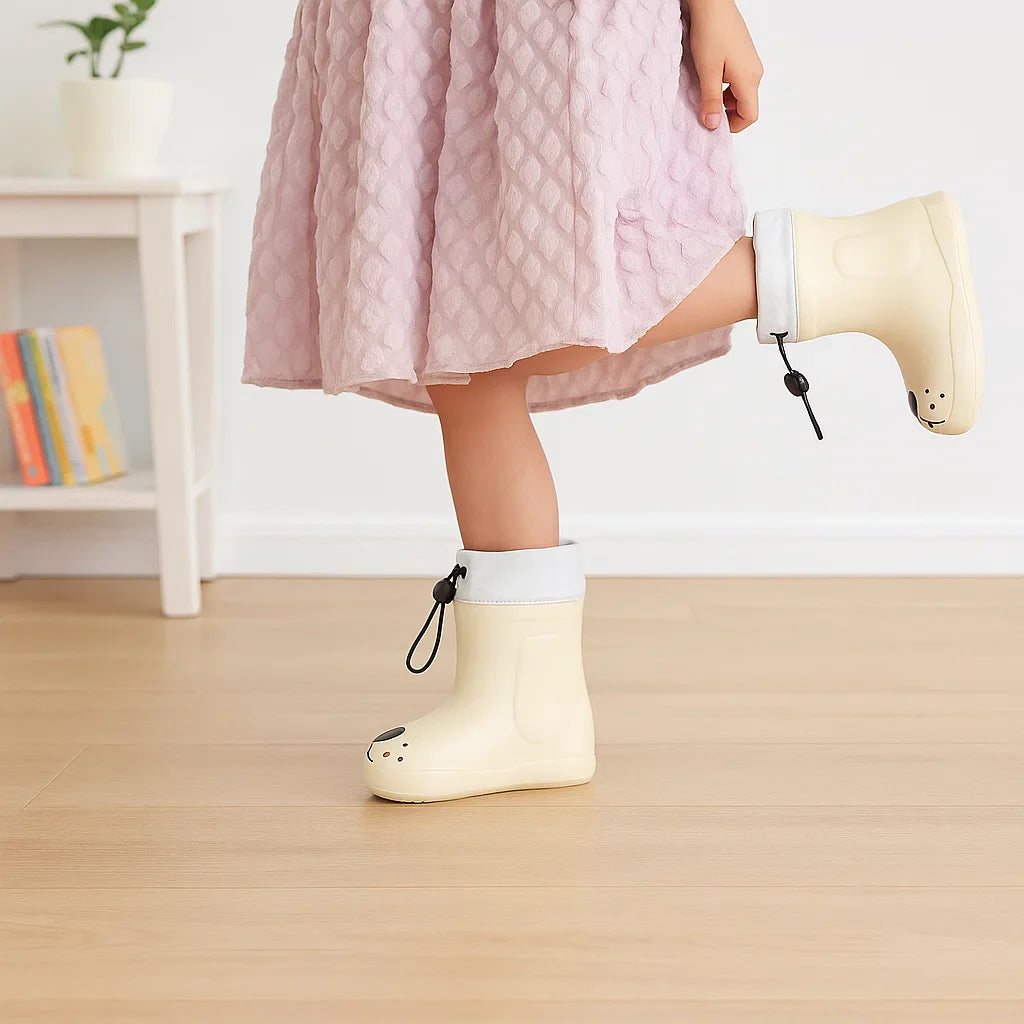 White & yellow waterproof kids' rain boots with playful dog design, perfect for toddlers.