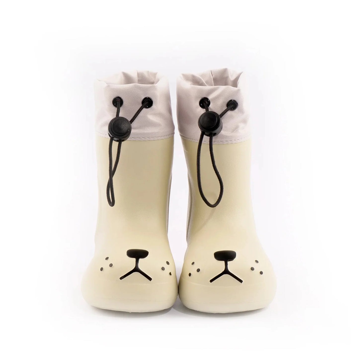 Unisex waterproof toddler rain boots in white and yellow with a cute dog print.