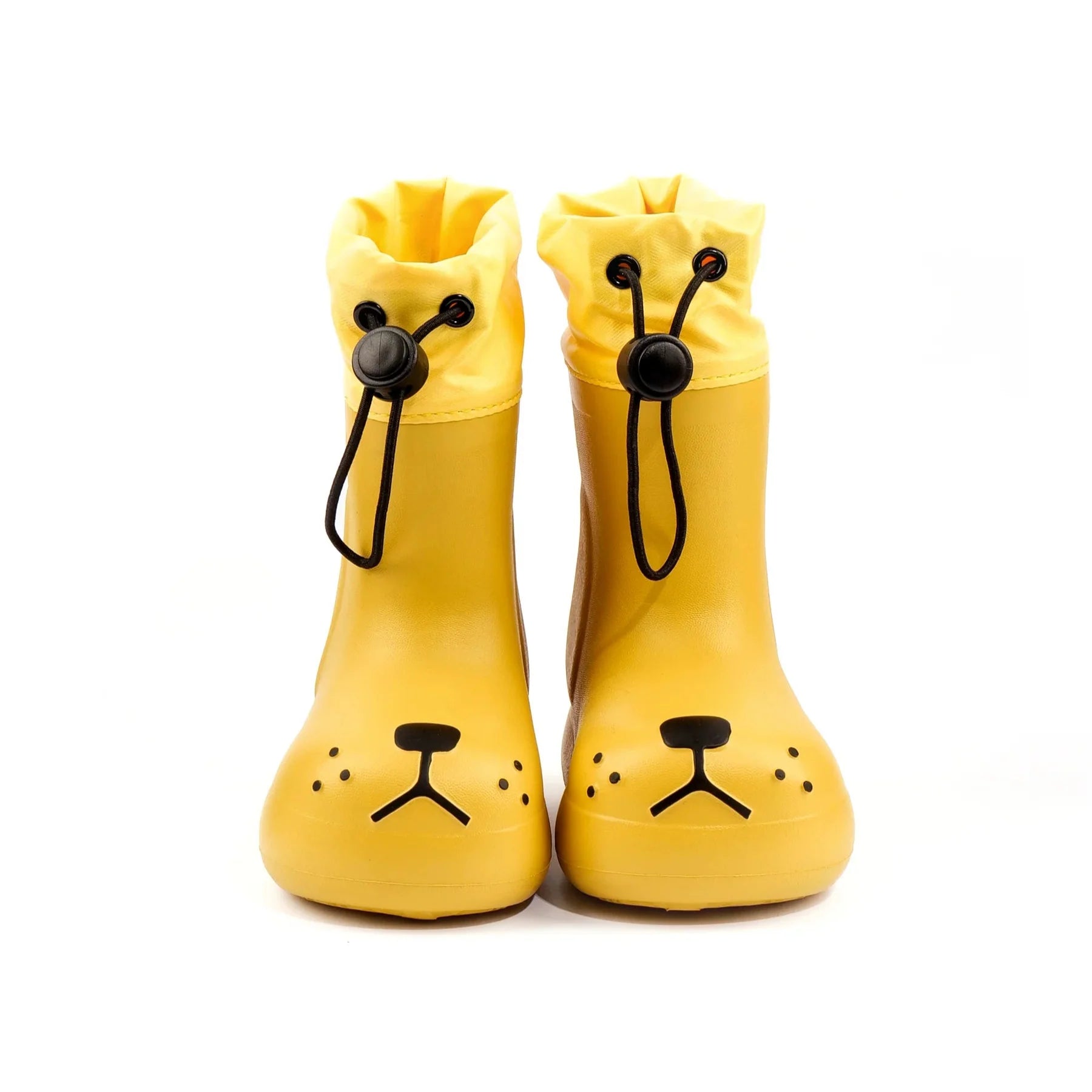 Durable kids' waterproof rain boots, white and yellow, with an adorable dog pattern for wet weather.