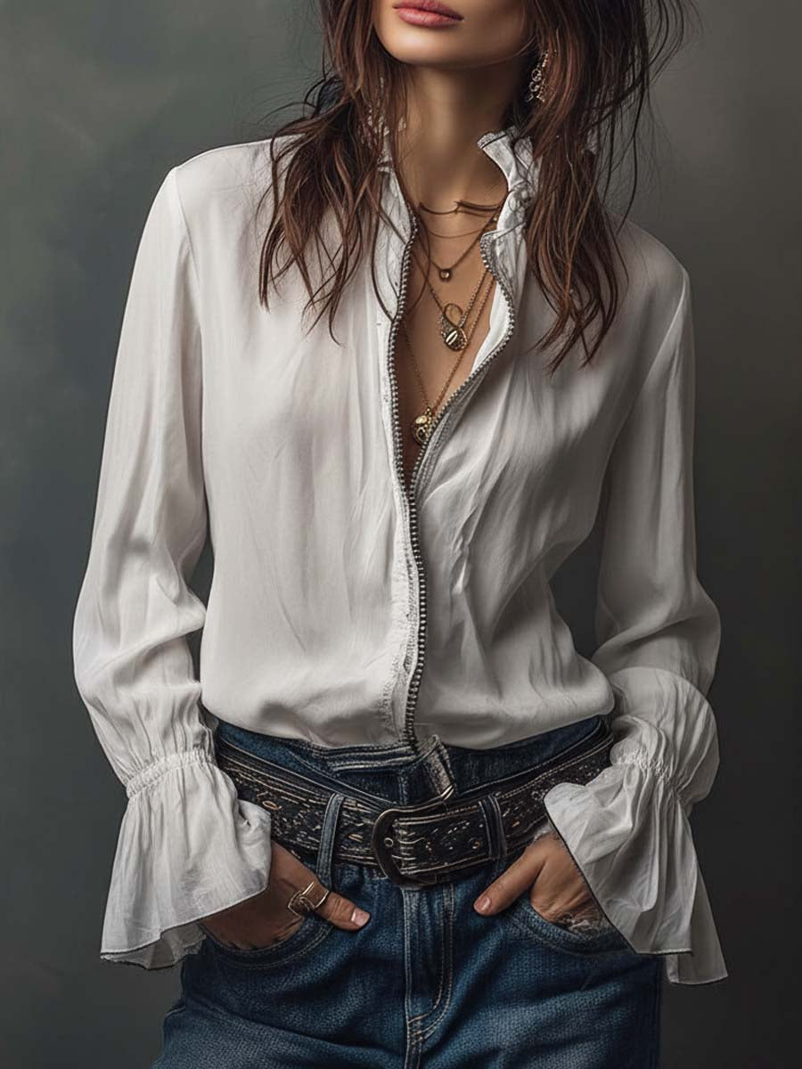 White zip-front women's blouse with elegant bell cuffs & long sleeves, perfect for office or casual wear.