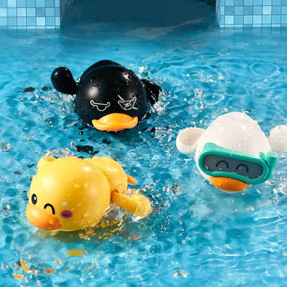 Yellow wind-up duck bath toy with a happy face, for children's bathtime fun