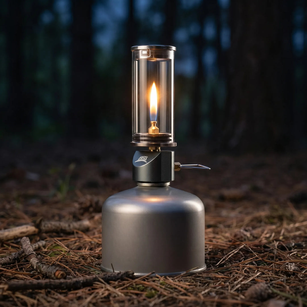 Adventure-ready windproof gas candle lantern for outdoor lighting, providing a cozy candle effect for camping trips.