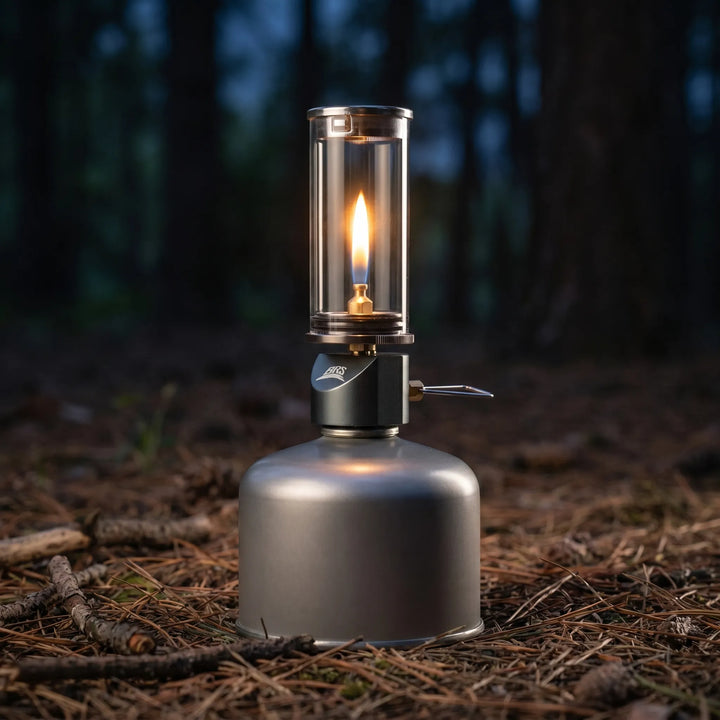 Adventure-ready windproof gas candle lantern for outdoor lighting, providing a cozy candle effect for camping trips.