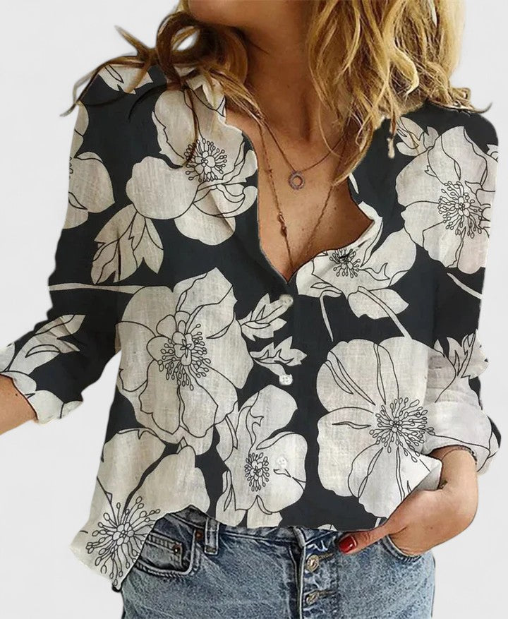 Winifred women's elegant floral V-neck long sleeve blouse, perfect for versatile fashion.