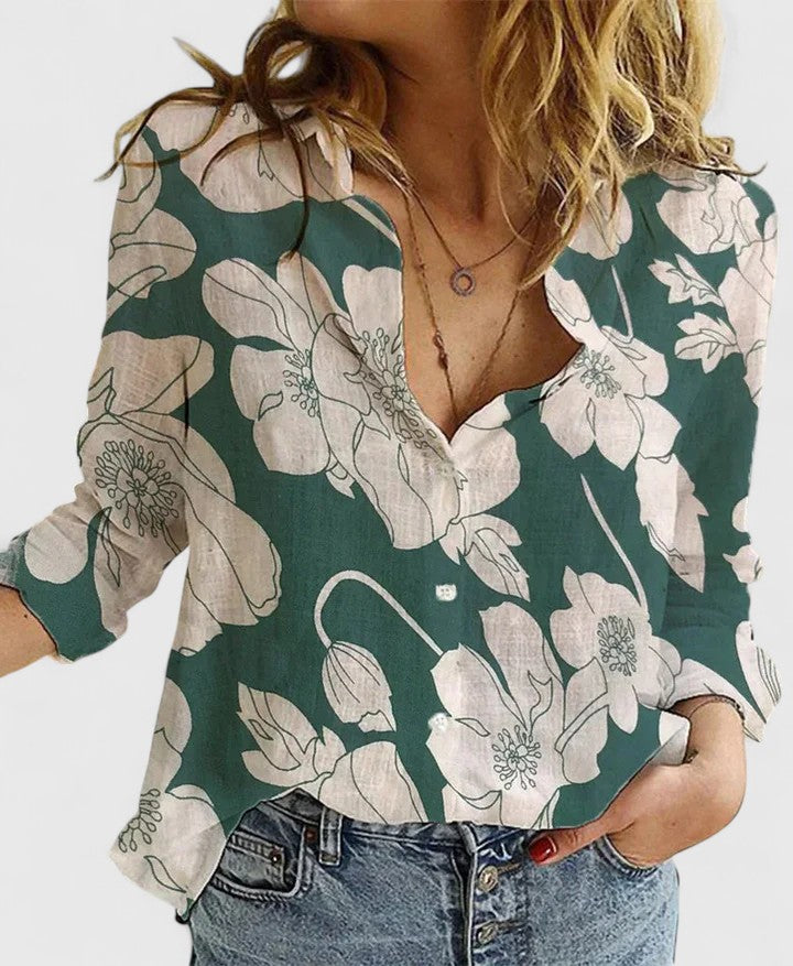 Vibrant floral print V-neck long sleeve blouse for women, versatile and stylish fashion.