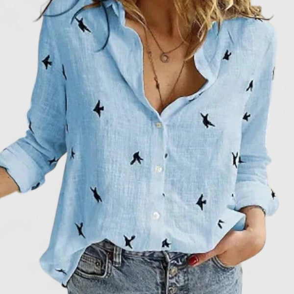 Winifred women's elegant floral V-neck long sleeve blouse, versatile and chic fashion top.