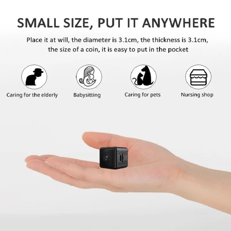 Product shot: Wireless 1080P mini security camera showing compact design for discreet app-controlled surveillance.