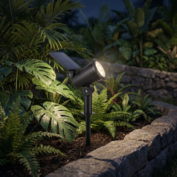 Wireless outdoor solar spotlight, adjustable, for garden & landscape lighting.