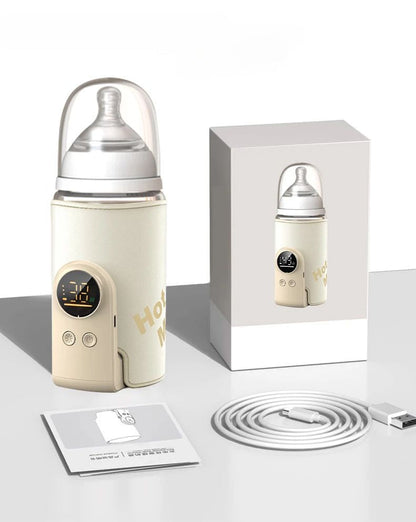 Wireless portable baby bottle warmer, compact, white & grey, for on-the-go parents, heating infant milk.
