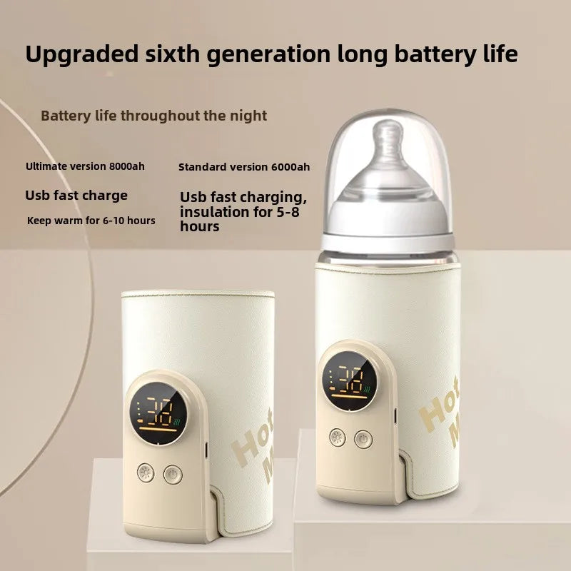 Portable baby bottle warmer, cordless, with a USB charging cable, ideal for travel and outdoor feeding.