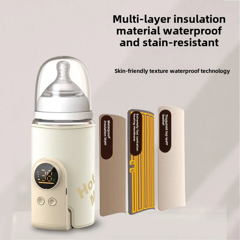 Compact wireless bottle warmer for baby milk, shown with various bottle sizes, essential for infant care.